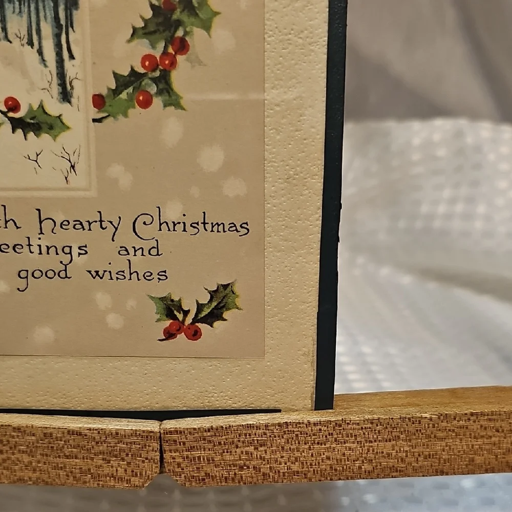 VTG - 1940's Festive Holiday Greeting Card with Holly Design - Framed In Glass